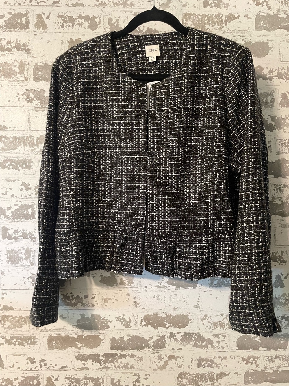 J.Crew Black & White Tweed Peplum Jacket Blazer Size 14 collarless